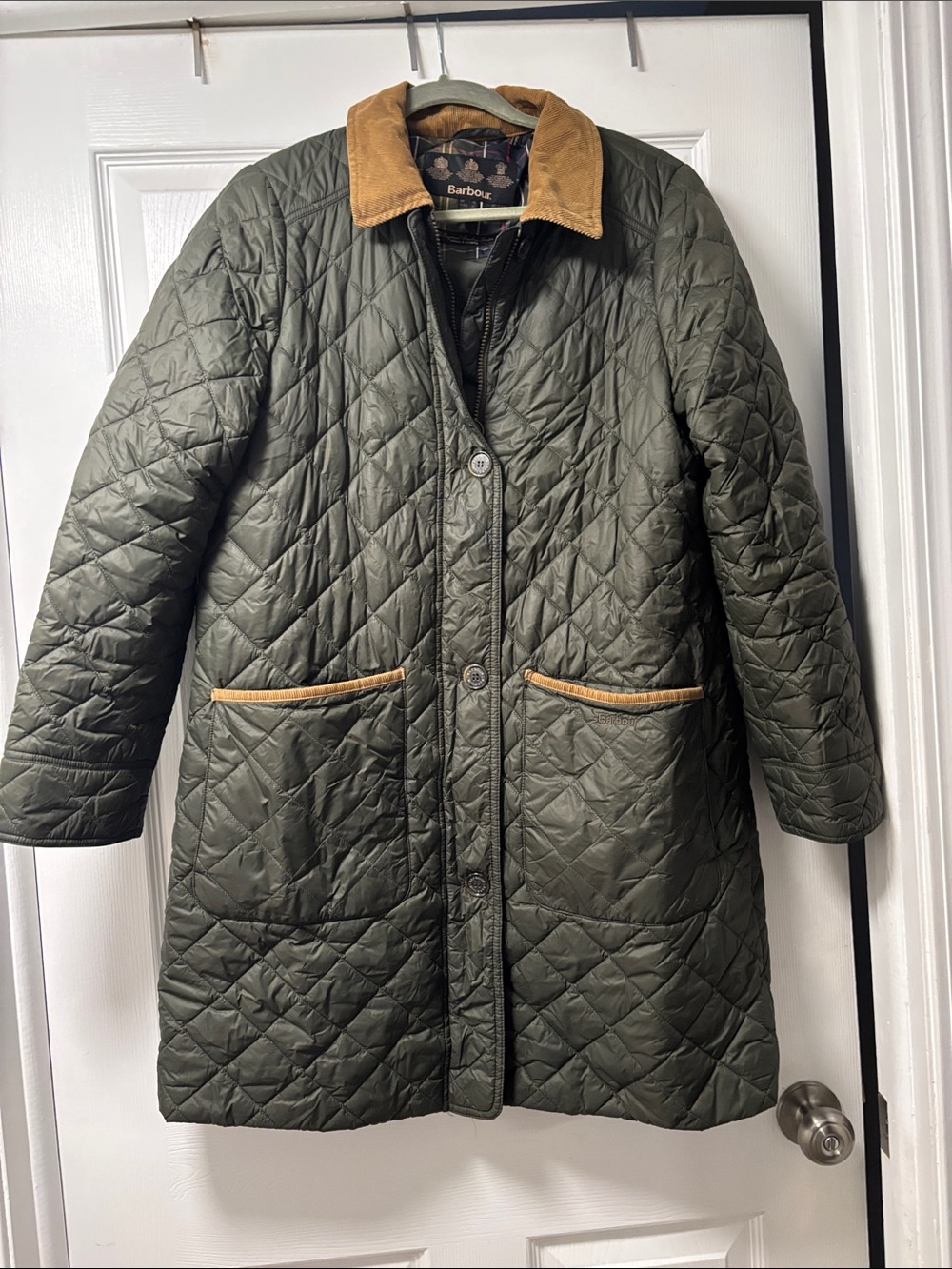 Barbour Olive Quilted Trench Coat with Tan Corduroy Trim